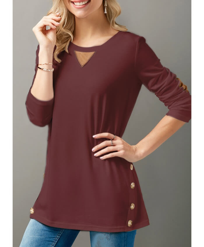 Long Sleeve Patchwork Button Detail T Shirt